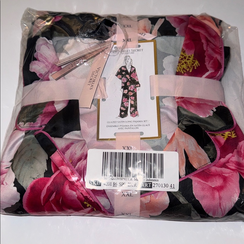 New Victoria's Secret Satin Pajama Set Black Floral Bouquet Women’s Size XXL